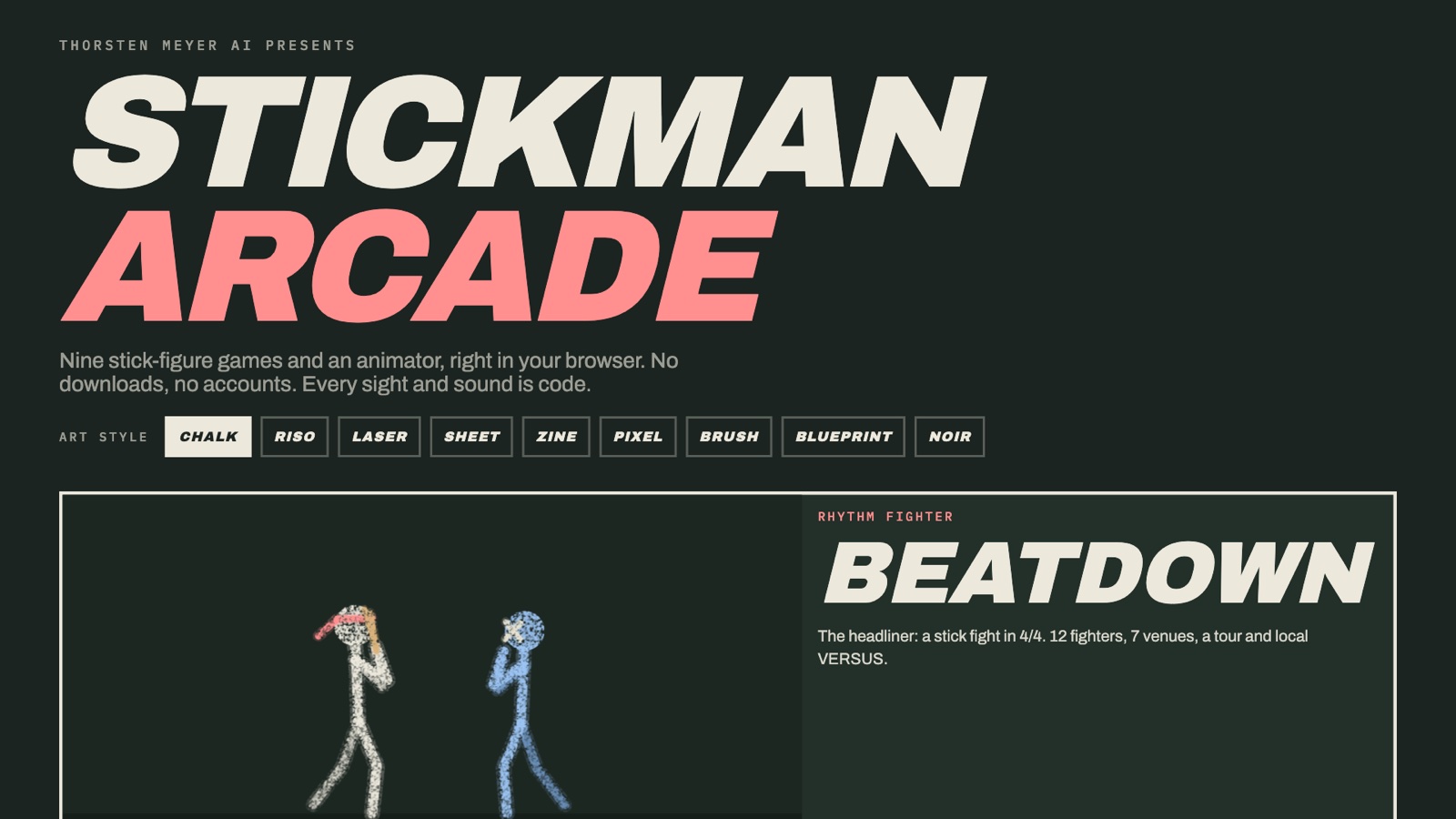 Stickman Arcade: Nine Free Browser Games and an Animator, Built by AI in One Day 5 Stickman Arcade lineup page with animated cards for nine games and an animator in chalk style