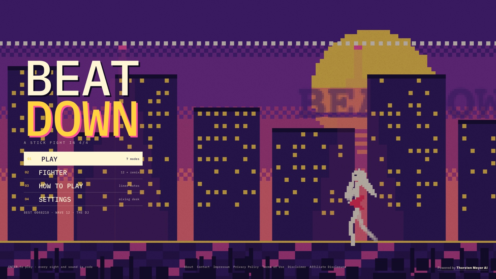 Stickman Arcade: Nine Free Browser Games and an Animator, Built by AI in One Day 10 BEATDOWN title in 8-bit pixel art with a stick-figure guitarist on an arcade stage
