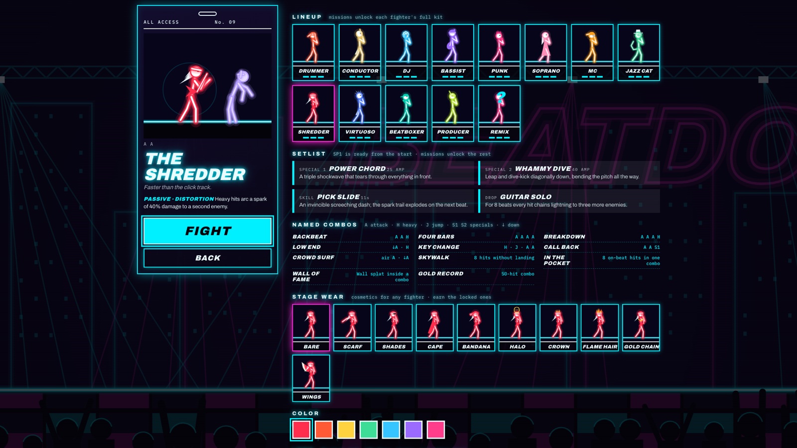 Stickman Arcade: Nine Free Browser Games and an Animator, Built by AI in One Day 7 Fighter select screen in neon style showing twelve stick-figure musicians and an ability list