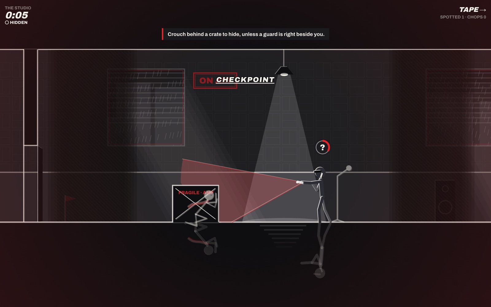 Stickman Arcade: Nine Free Browser Games and an Animator, Built by AI in One Day 16 Film-noir stealth scene: a thief hiding behind a crate while a guard sweeps a flashlight cone