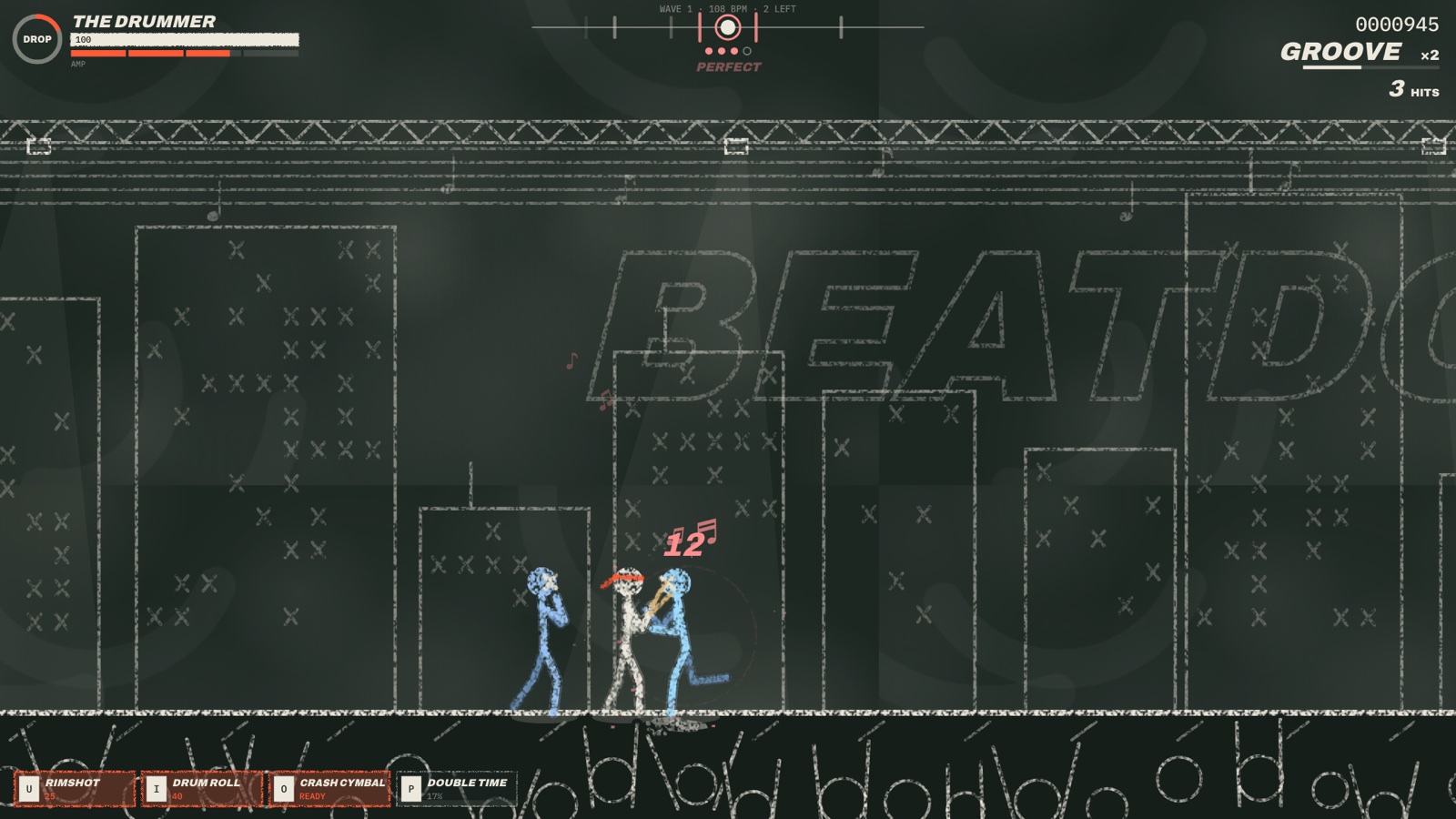 Stickman Arcade: Nine Free Browser Games and an Animator, Built by AI in One Day 6 Chalk stick-figure drummer landing an on-beat hit on a blue chalk enemy, musical notes flying