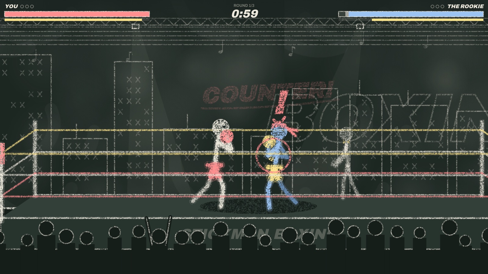 Stickman Arcade: Nine Free Browser Games and an Animator, Built by AI in One Day 17 Chalk boxing ring with two stick-figure boxers trading punches and a COUNTER! callout