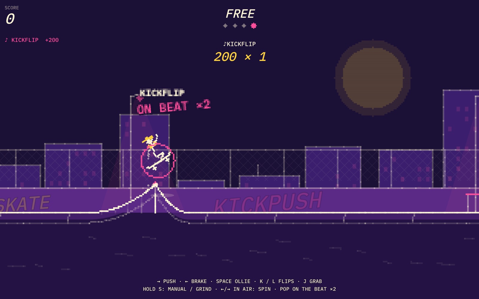 Stickman Arcade: Nine Free Browser Games and an Animator, Built by AI in One Day 19 Pixel-art skater flipping the board over a stair set with a trick chain in the corner