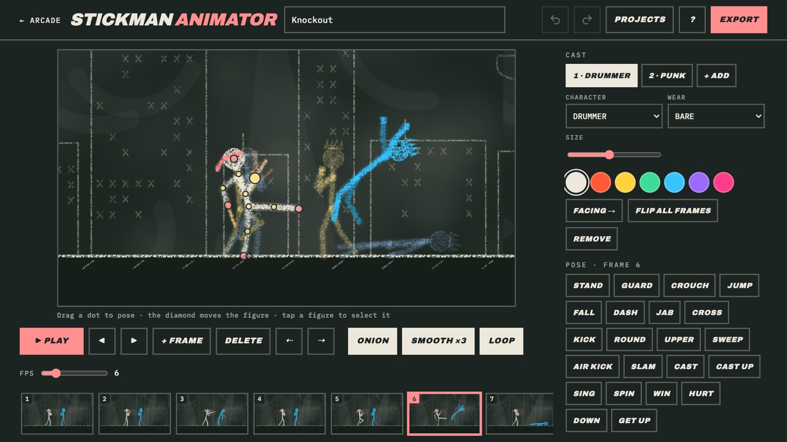 Stickman Arcade: Nine Free Browser Games and an Animator, Built by AI in One Day 20 Stickman Animator editor with two posed fighters, joint handles, a frame strip and style chips