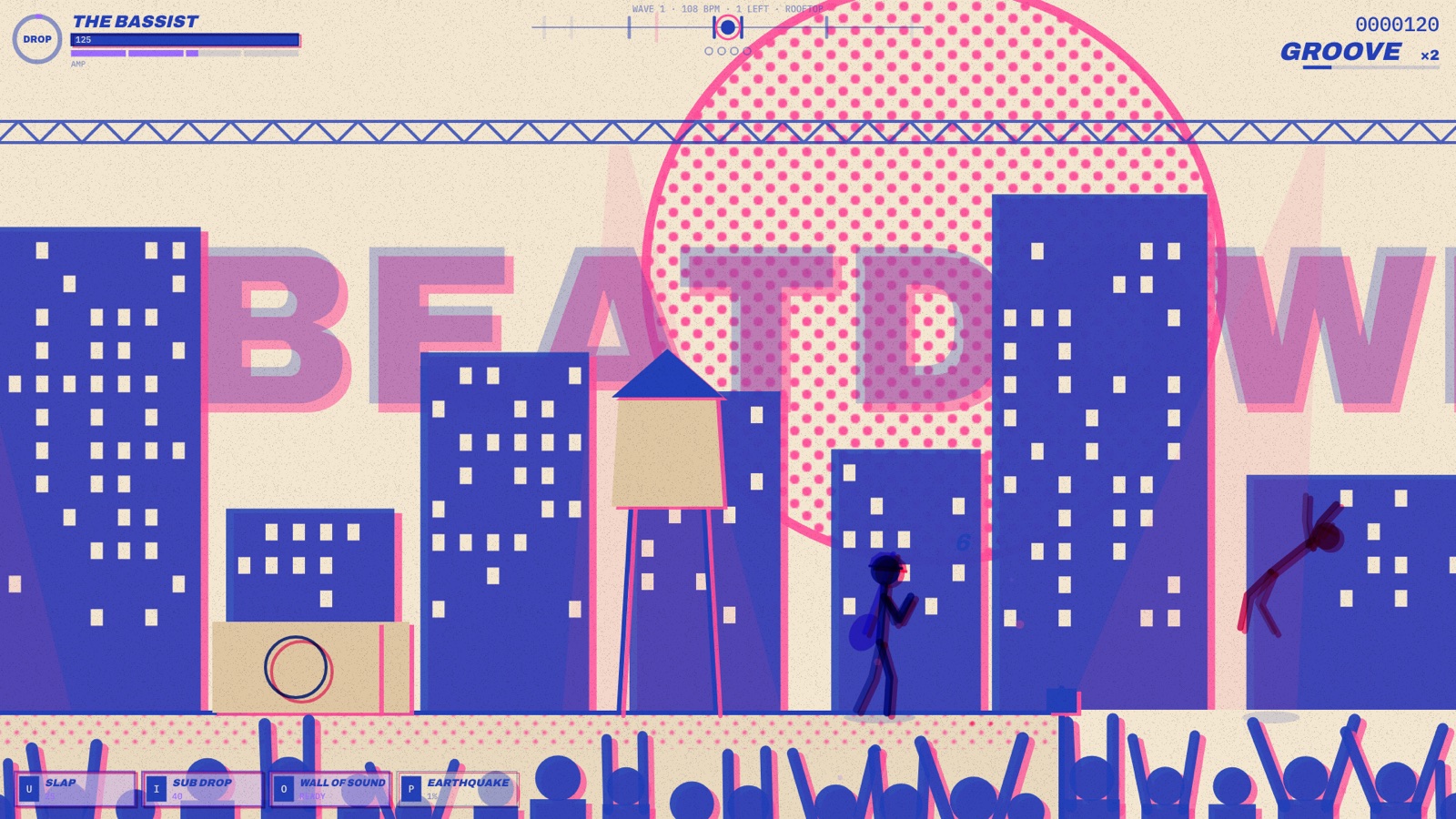 Stickman Arcade: Nine Free Browser Games and an Animator, Built by AI in One Day 13 Riso rooftop stage at night, an enemy flying off the edge of the roof after a heavy hit