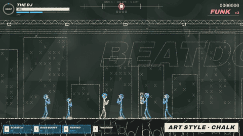 Stickman Arcade: Nine Free Browser Games and an Animator, Built by AI in One Day 4 BEATDOWN gameplay: a stick-figure DJ fights enemies on the beat while the art style switches through chalk, riso print, neon laser, pencil sketch, comic ink, pixel art, ink brush, blueprint and film noir.