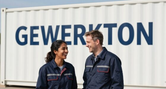 Two professionals in dark blue workwear laughing in front of a white site container with the GEWERKTON lettering