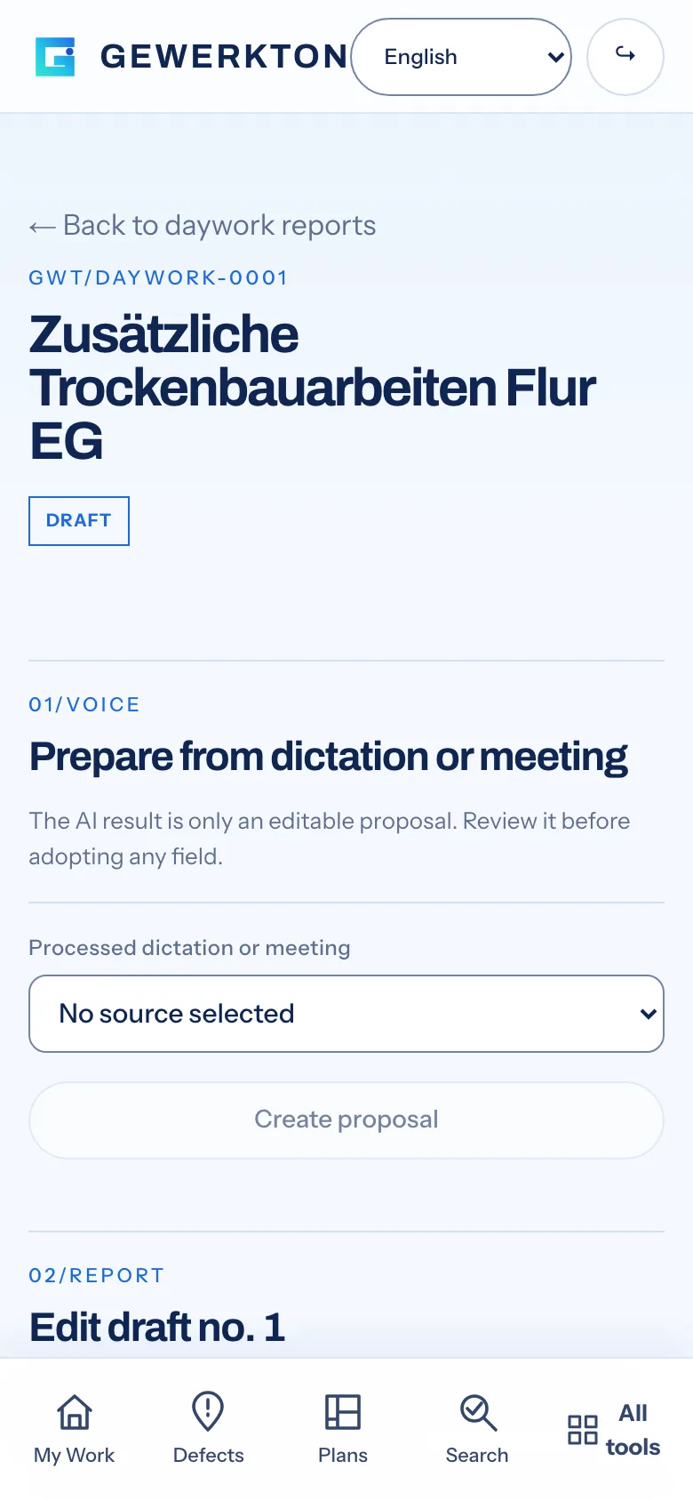 Daywork report in draft status in the Gewerkton web app, titled with additional drywall work in a ground floor corridor, with the section Prepare from dictation or meeting below
