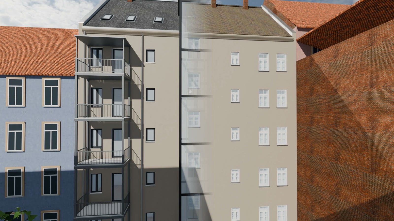 A Brand Film That Admits Every Building in It Is Fictional 5 Courtyard facade of a fictional old apartment building, half before and half after renovation, with new balconies on the left