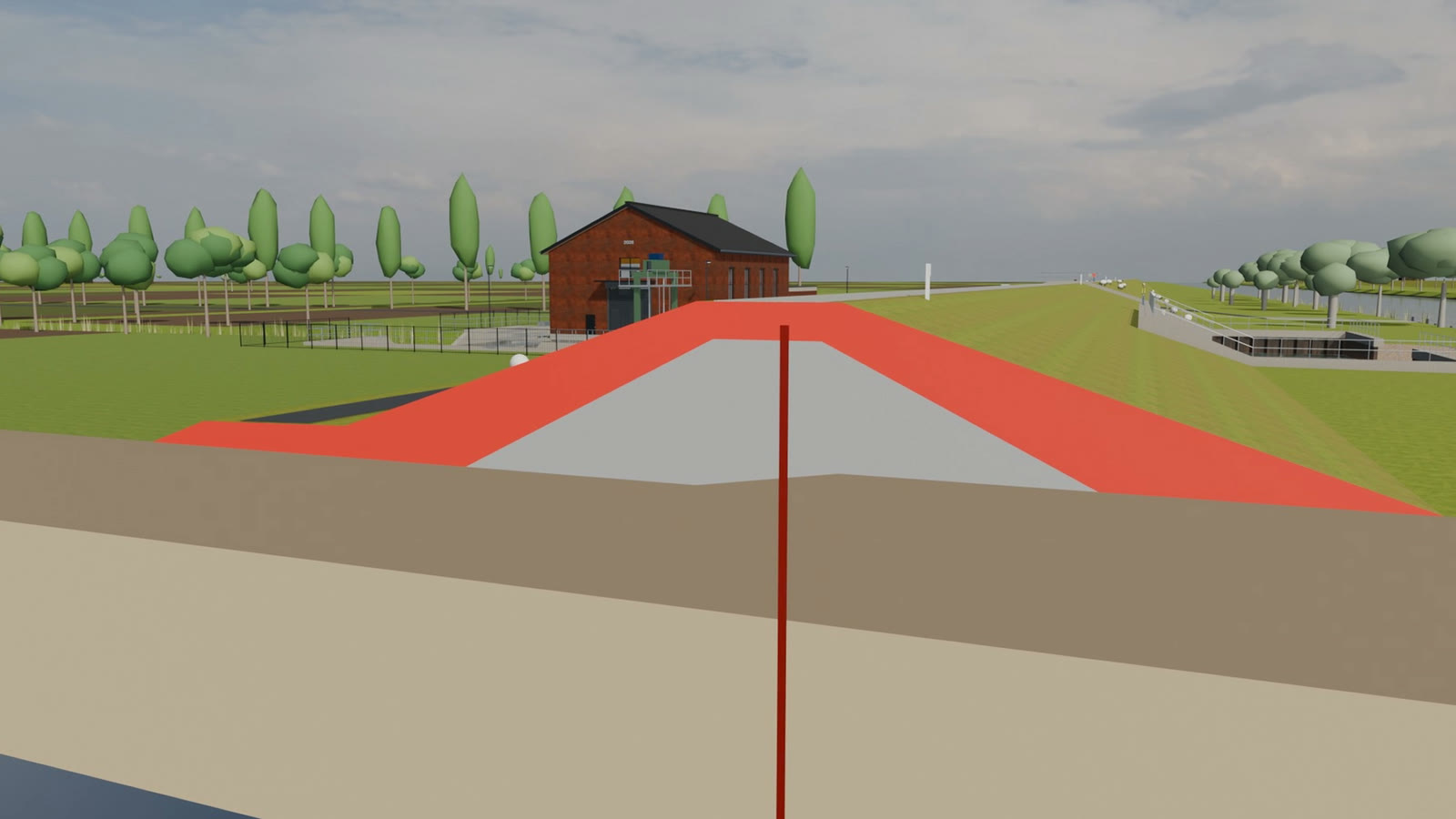 A Brand Film That Admits Every Building in It Is Fictional 6 Cross-section through a fictional flood dike, existing core in grey and new layers in red, with a brick pumping station behind