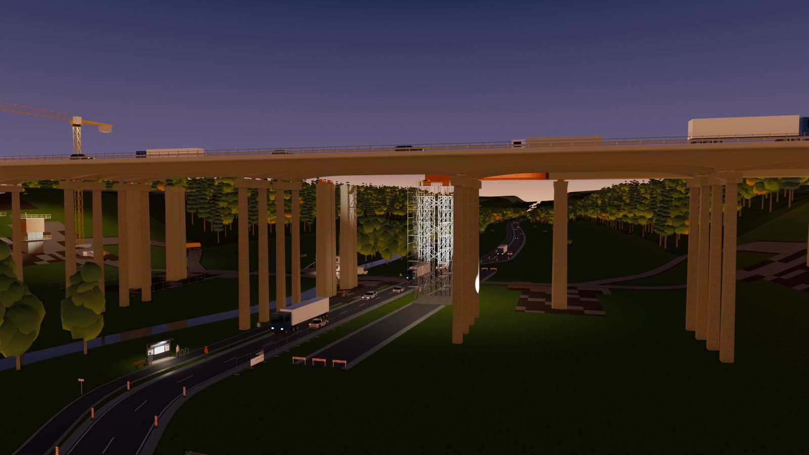 A Brand Film That Admits Every Building in It Is Fictional 7 Fictional valley bridge at dusk with traffic on the deck, a tower crane and a lit scaffold tower beneath it